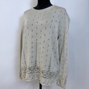 Vintage Open Knit Eyelet Sweater Womens Large Beige Scallop Hem Neutral Cottage